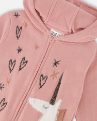 Hooded Knit Cardigan Dusty Pink With Unicorn Intarsia - H20KT31_650