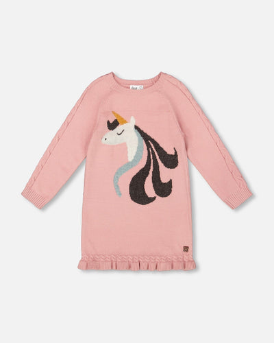 Knitted Dress Dusty Pink With Unicorn Intarsia - H20KT85_650
