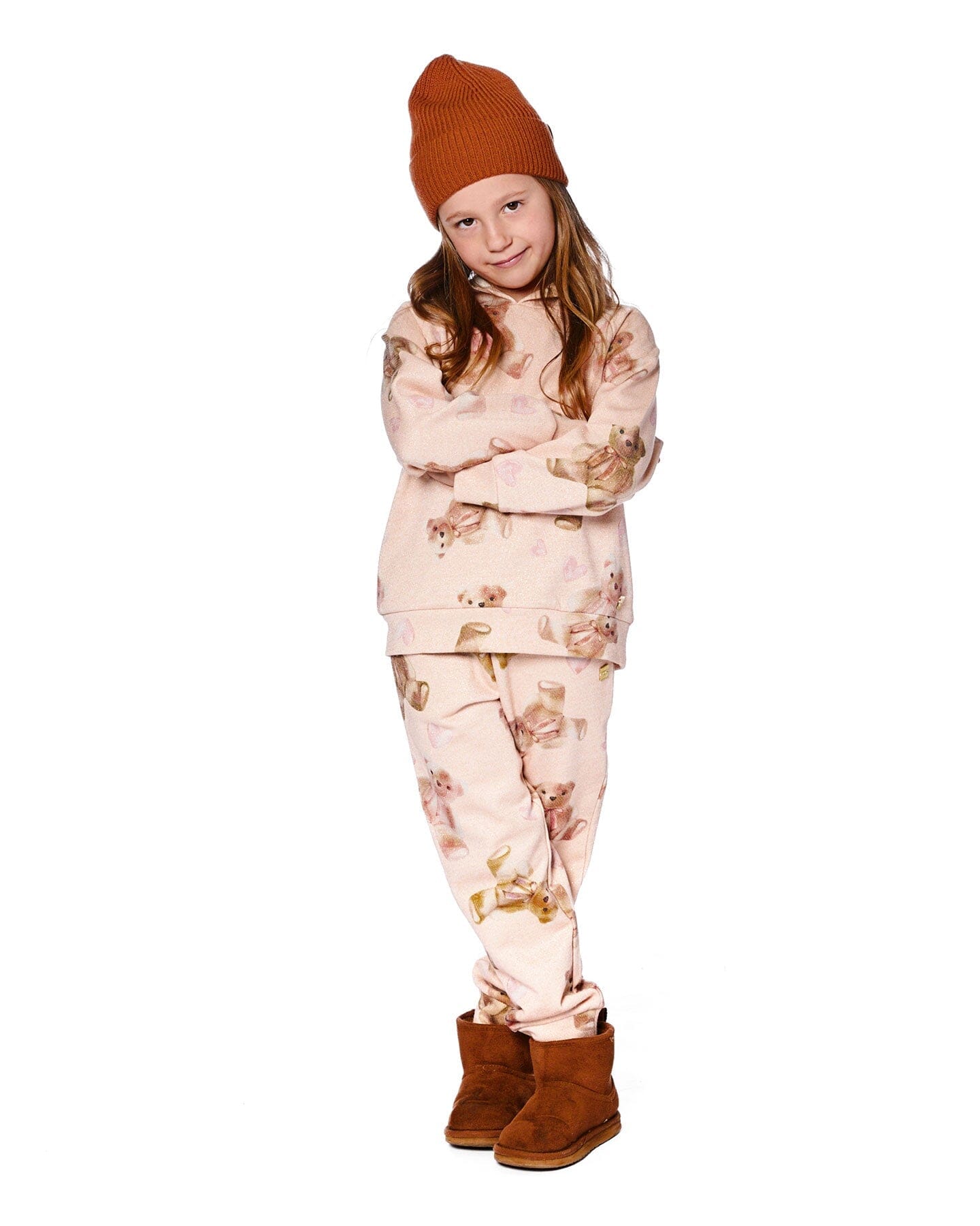 Glittering French Terry Sweatpants Beige Teddy Bear Print - H20LG21_083