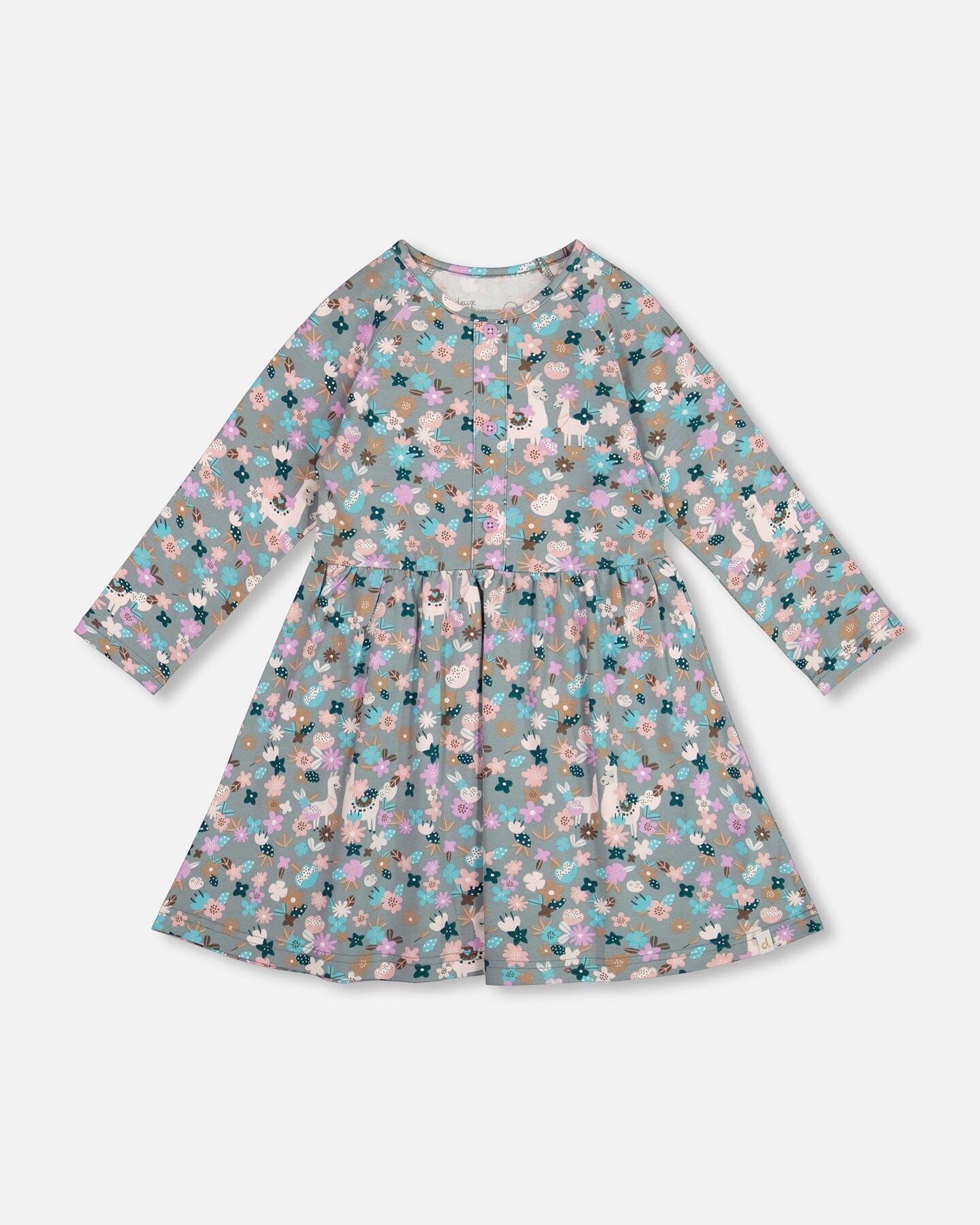 Half Button Organic Cotton Dress Blue Llama Print - H20M88_081