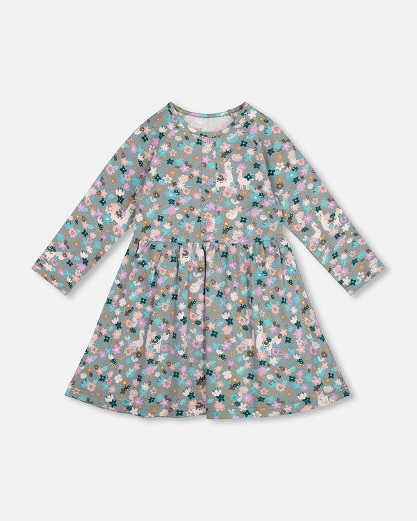 Half Button Organic Cotton Dress Blue Llama Print - H20M88_081