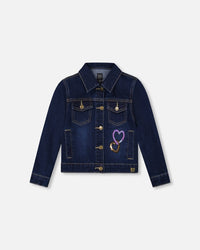 Stretch Denim Jacket Dark Blue With Glittery Hearts And Unicorn - H20N51_123
