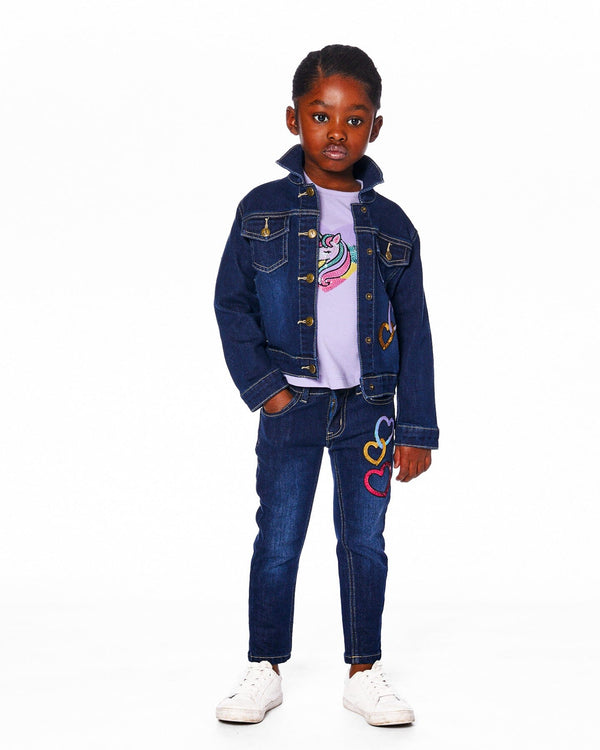 Stretch Denim Jacket Dark Blue With Glittery Hearts And Unicorn - H20N51_123