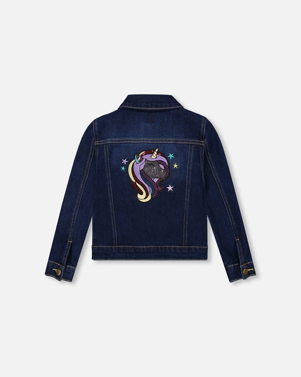 Stretch Denim Jacket Dark Blue With Glittery Hearts And Unicorn - H20N51_123