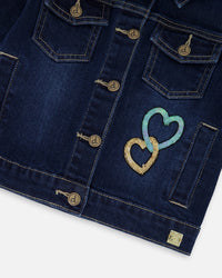 Stretch Denim Jacket Dark Blue With Glittery Hearts And Unicorn - H20N51_123