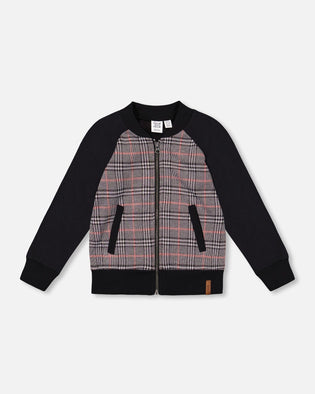 Bi-Material Zip Front Jacket Gray And Black Plaid - H20OB30_000