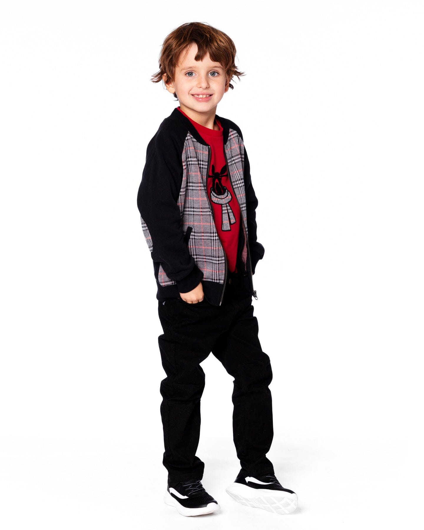 Bi-Material Zip Front Jacket Gray And Black Plaid - H20OB30_000