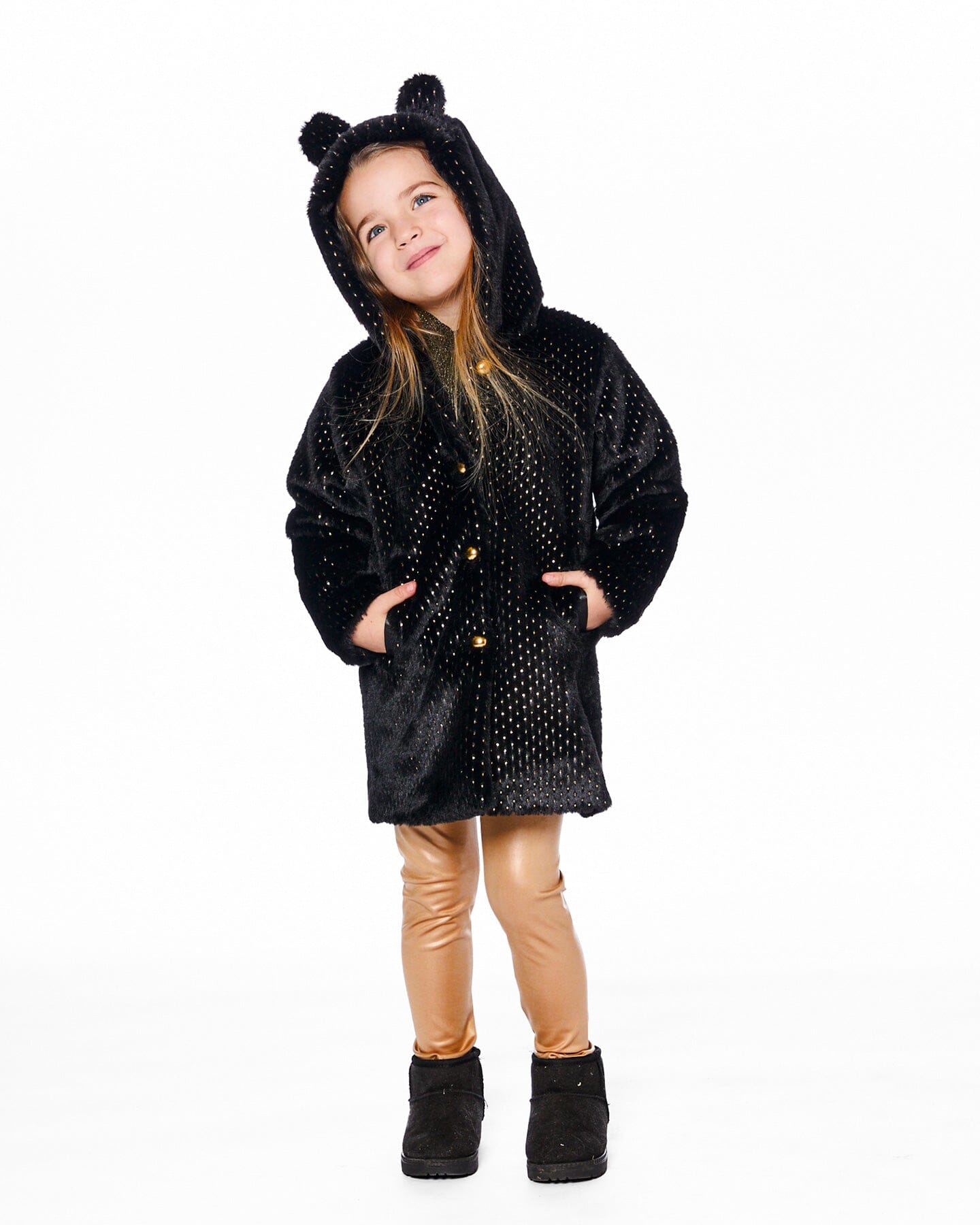 Bear Faux Fur Coat Black With Gold Polka Dots - H20OG51_999