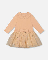 Bi-Material Dress With Glittering Skirt Beige
