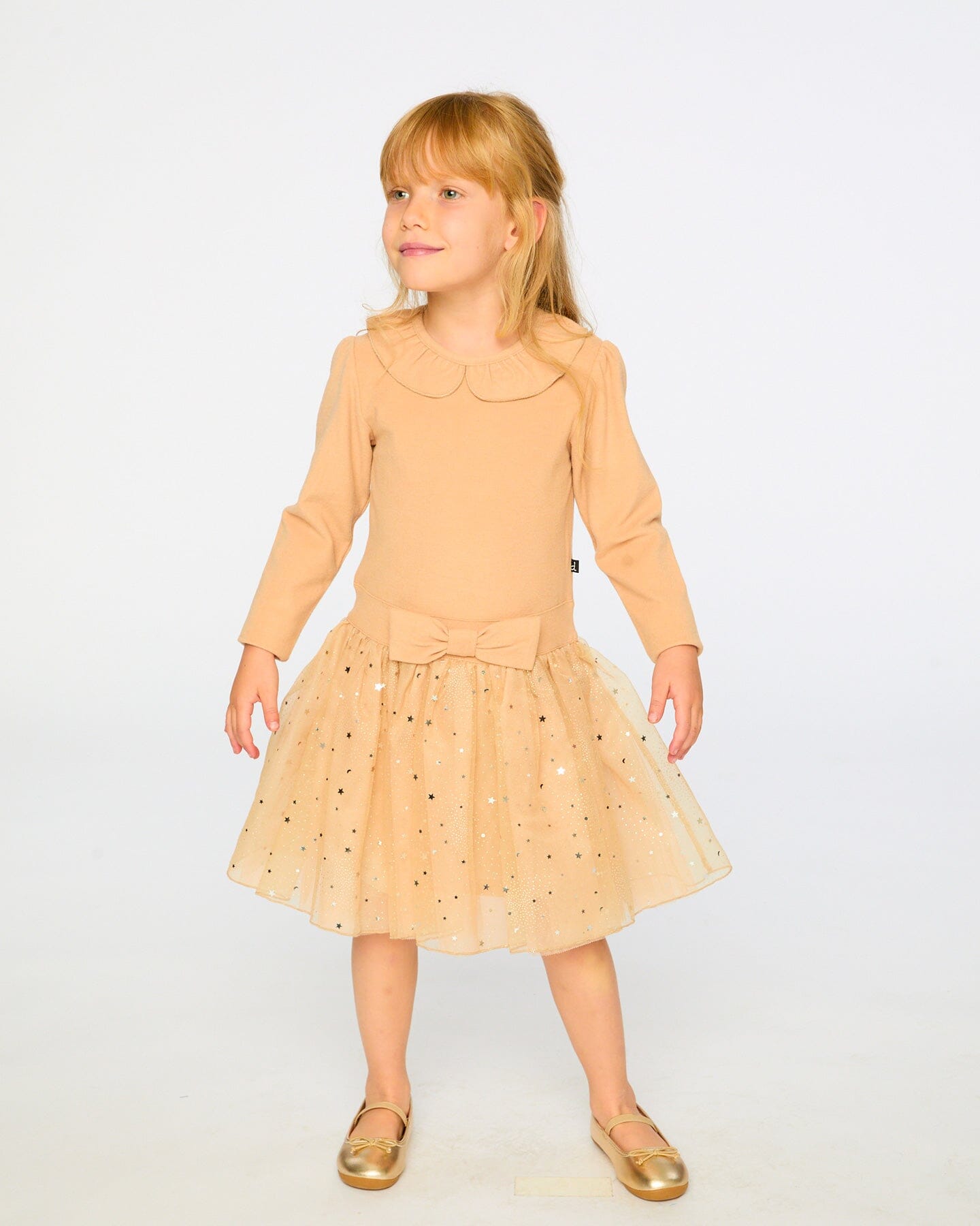 Bi-Material Dress With Glittering Skirt Beige Dresses Deux par Deux 