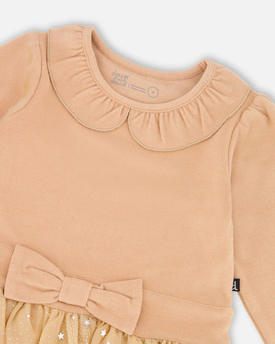 Bi-Material Dress With Glittering Skirt Beige - H20OG86_145