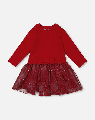 Bi-Material Dress With Glittering Skirt Red - H20OG86_749