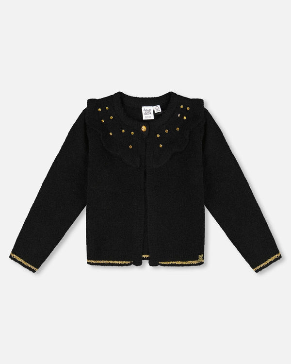 Knitted Cardigan With Rhinestones Black - H20OGT31_999