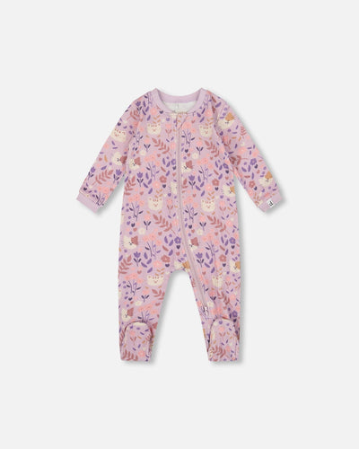 One-Piece Organic Cotton Pajama Lilac Cat Print - H20PA40US_008