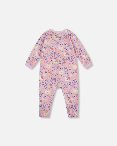 One-Piece Organic Cotton Pajama Lilac Cat Print - H20PA40US_008