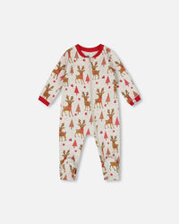 One-Piece Organic Cotton Pajama Beige Girly Reindeer Print - H20PA40US_041