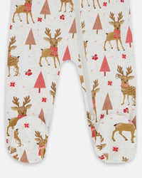 One-Piece Organic Cotton Pajama Beige Girly Reindeer Print - H20PA40US_041