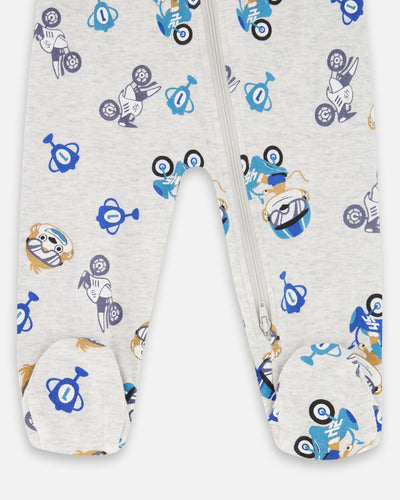 One-Piece Organic Cotton Pajama Beige Monkey Print - H20PA40US_063
