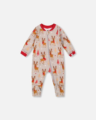 One-Piece Organic Cotton Pajama Beige Reindeer Print - H20PA40US_068