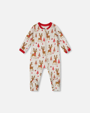 One-Piece Organic Cotton Pajama Beige Girly Reindeer Print - H20PA40_041