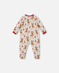 One-Piece Organic Cotton Pajama Beige Girly Reindeer Print - H20PA40_041