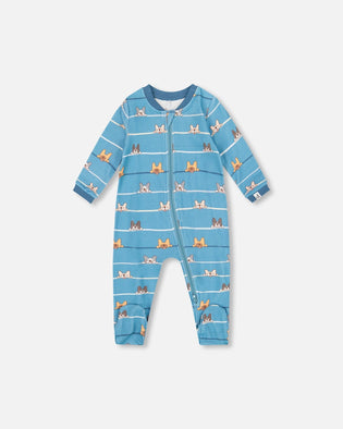 One-Piece Organic Cotton Pajama Blue Dog Print - H20PA40_062
