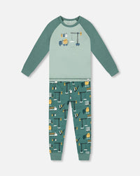 Two-Piece Organic Cotton Pajama Set Teal Construction Print - H20PB10US_065