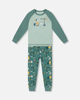 Two-Piece Organic Cotton Pajama Set Teal Construction Print - H20PB10US_065