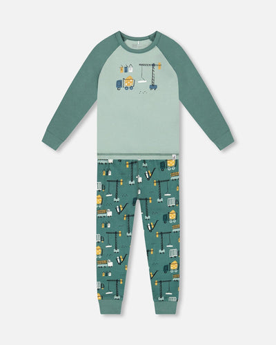 Two-Piece Organic Cotton Pajama Set Teal Construction Print - H20PB10US_065