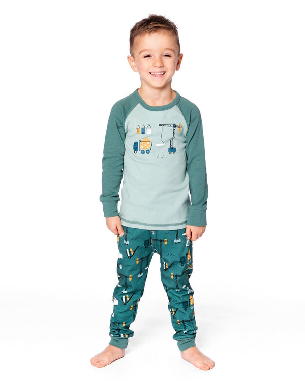 Two-Piece Organic Cotton Pajama Set Teal Construction Print - H20PB10US_065