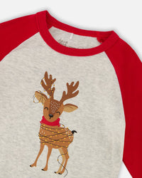 Two-Piece Organic Cotton Pajama Set Beige Reindeer Print - H20PB10US_068