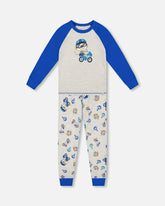 Two-Piece Organic Cotton Pajama Set Beige Monkey Print