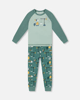 Two-Piece Organic Cotton Pajama Set Teal Construction Print