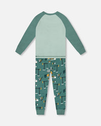 Two-Piece Organic Cotton Pajama Set Teal Construction Print - H20PB10_065