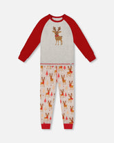 Two-Piece Organic Cotton Pajama Set Beige Reindeer Print
