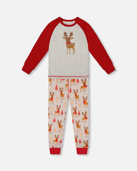 Two-Piece Organic Cotton Pajama Set Beige Reindeer Print - H20PB10_068