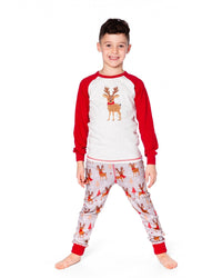 Two-Piece Organic Cotton Pajama Set Beige Reindeer Print - H20PB10_068