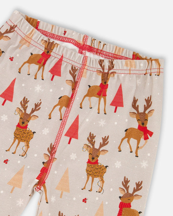 Two-Piece Organic Cotton Pajama Set Beige Reindeer Print - H20PB10_068
