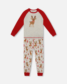 Organic Cotton Two-Piece Pajamas Beige Girly Reindeer Print - H20PG10US_041