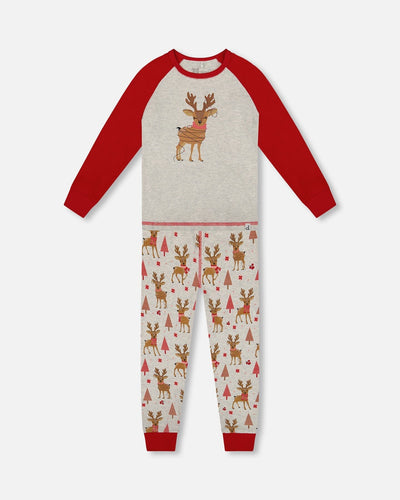 Organic Cotton Two-Piece Pajamas Beige Girly Reindeer Print - H20PG10US_041