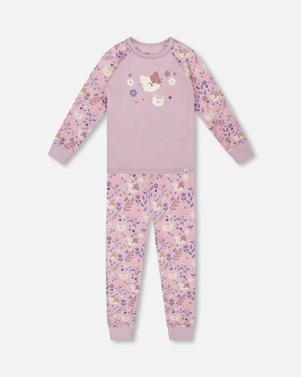 Organic Cotton Two-Piece Pajamas Lilac Cat Print - H20PG10_008
