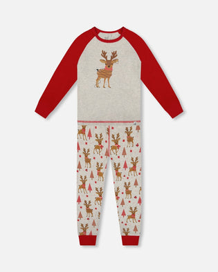 Organic Cotton Two-Piece Pajamas Beige Girly Reindeer Print - H20PG10_041
