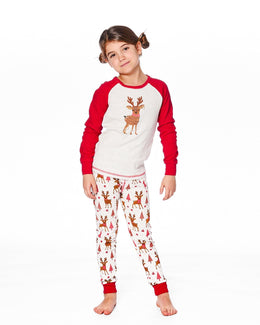 Organic Cotton Two-Piece Pajamas Beige Girly Reindeer Print - H20PG10_041