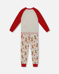 Organic Cotton Two-Piece Pajamas Beige Girly Reindeer Print - H20PG10_041