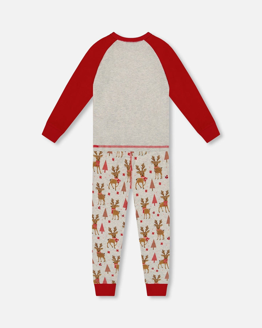 Organic Cotton Two-Piece Pajamas Beige Girly Reindeer Print - H20PG10_041
