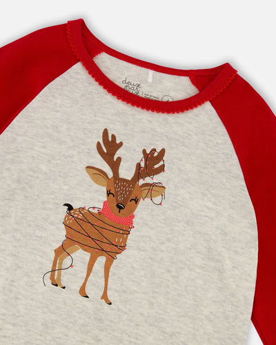 Organic Cotton Two-Piece Pajamas Beige Girly Reindeer Print - H20PG10_041