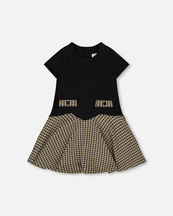 Short Sleeve Bi-Material Milano And Jacquard Knit Dress Black - H20Q86_999