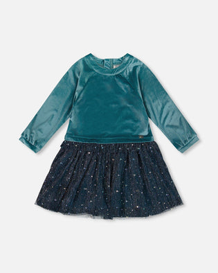 Long Sleeve Bi-Material Velvet And Pleated Mesh Dress Teal Blue - H20Q88_426