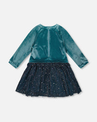 Long Sleeve Bi-Material Velvet And Pleated Mesh Dress Teal Blue - H20Q88_426