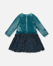 Long Sleeve Bi-Material Velvet And Pleated Mesh Dress Teal Blue - H20Q88_426